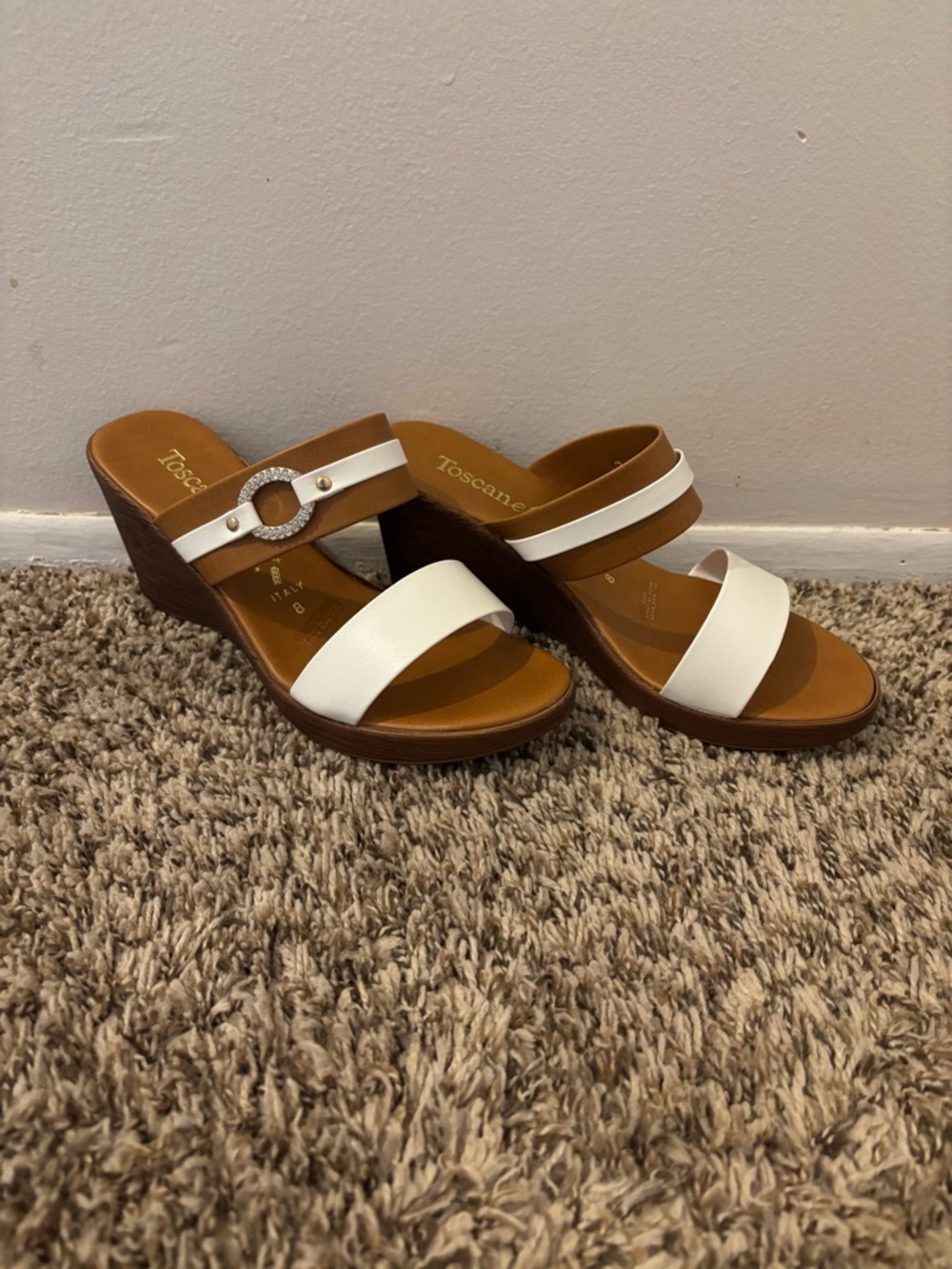 Toscane White & Brown Wedge Sandals with Rhinestone Buckle Accent - New